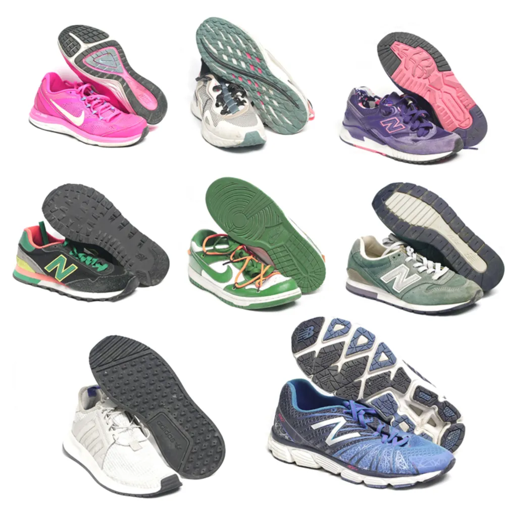 Several brands of used women's shoes in fashionable styles.